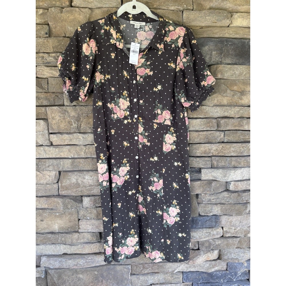 NWT American Eagle Polka Dot Floral Puff Sleeve Button Front Shirt Dress Black S